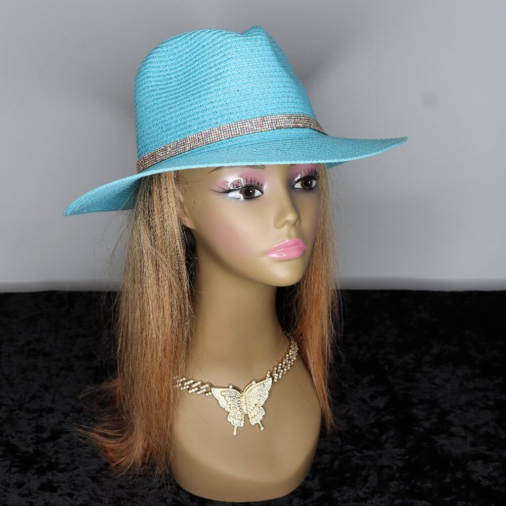 Women's Woven Fedora with Rhinestone Band - Light Blue
